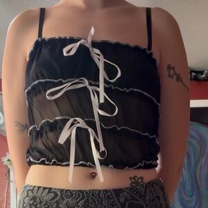 Black Sheer Ruffle Top with White Accents